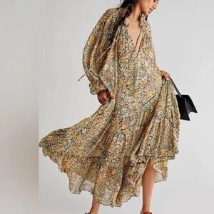 Free People Feeling Groovy Floral Boho Ruffle Oversize Tiered Maxi dress